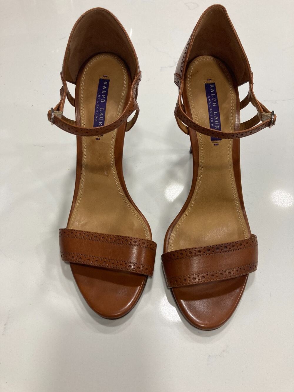 VTG Ralph Lauren Collection Tan Leather Brogue Strappy Stiletto Heels Purple Lab